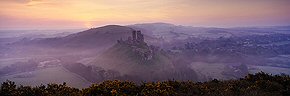 misty dawn, corfe castle